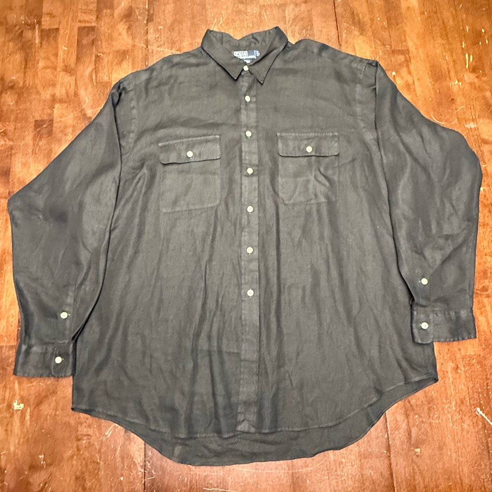 Vtg Polo Ralph Lauren Button Men XXL Black 100% Linen Whitfield Flap Pockets - Picture 2 of 6